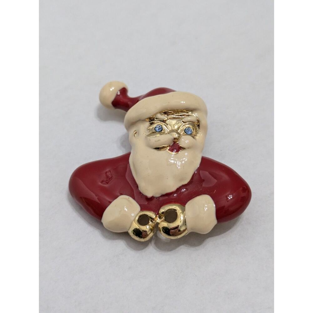 Santa Claus Brooch PD Signed Blue Eyes Enamel Accents Christmas‎ Pin Vintage